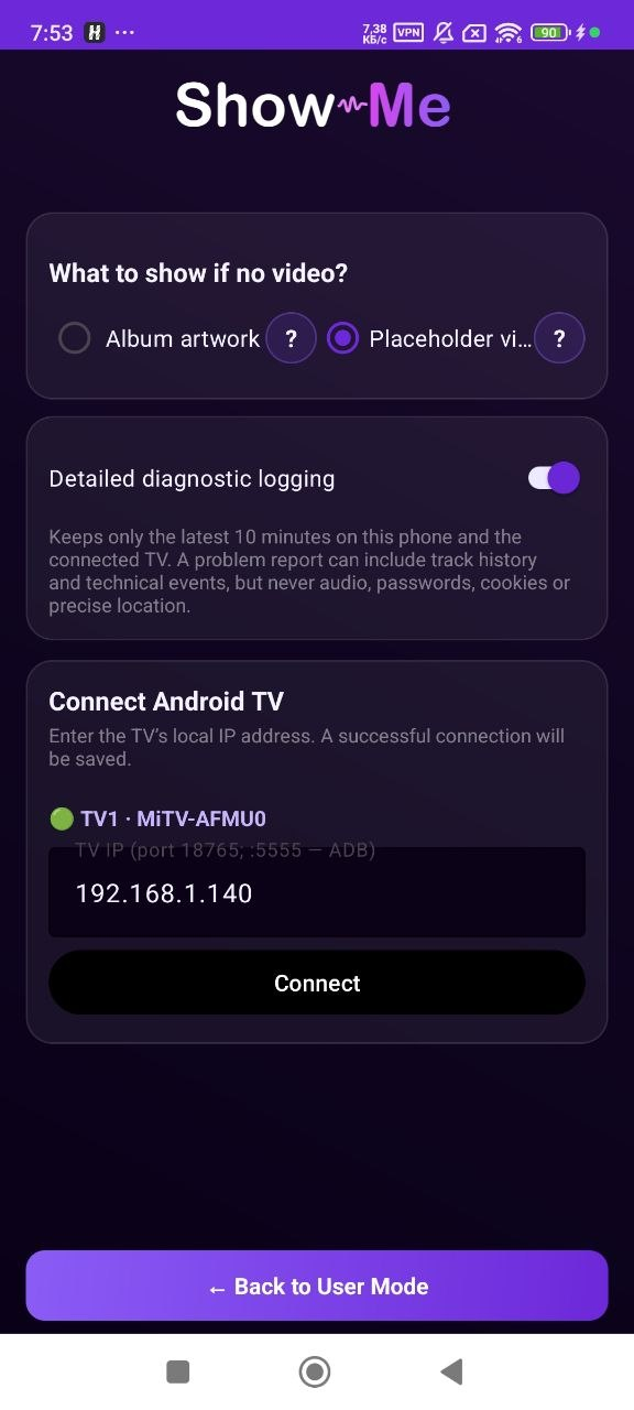 ShowMe settings for Android TV connection and display fallback